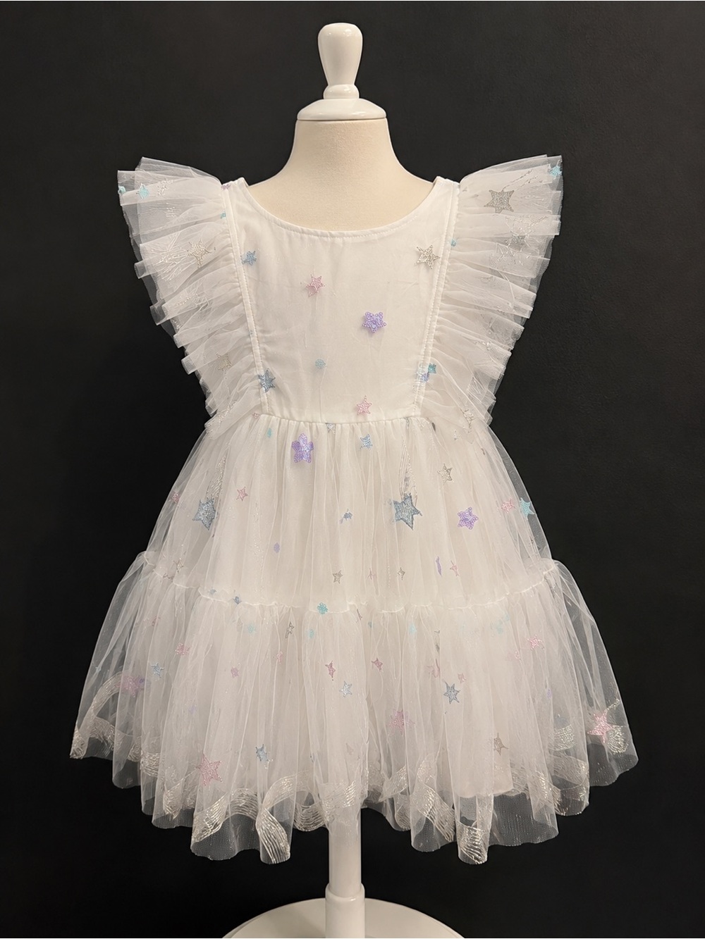 Lola + The Boys White Tulle Star Embroidered Dress